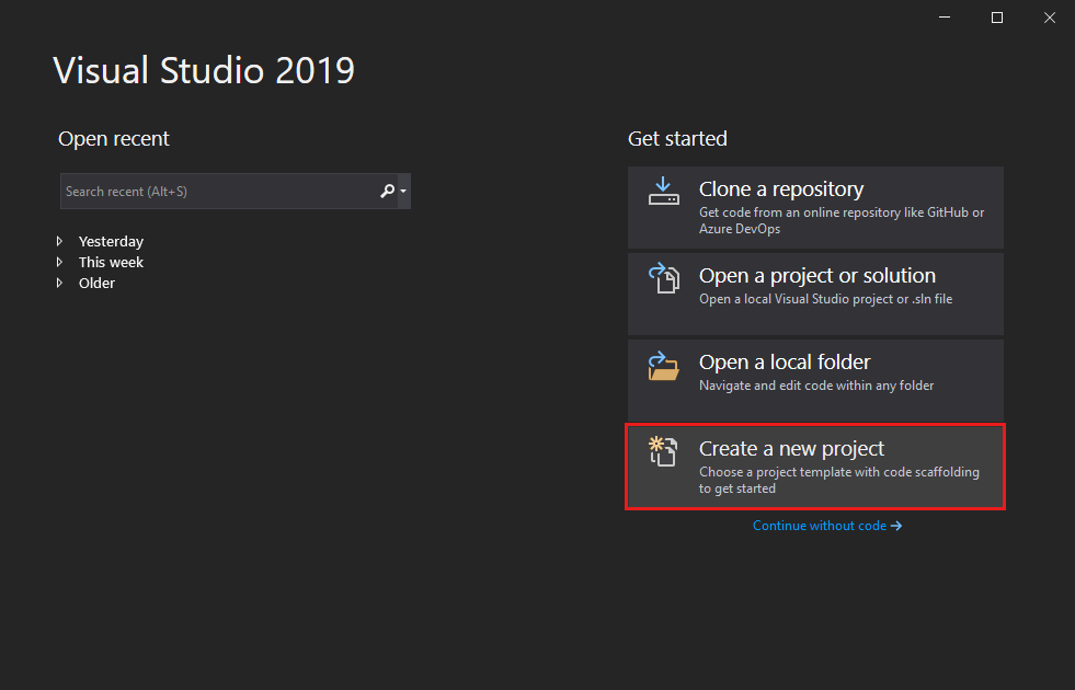 Skärmbild som visar alternativet Skapa ett nytt projekt i startfönstret i Visual Studio 2019.