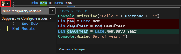 Skärmbild som visar förslaget för inline tillfällig variabel i Visual Studio.