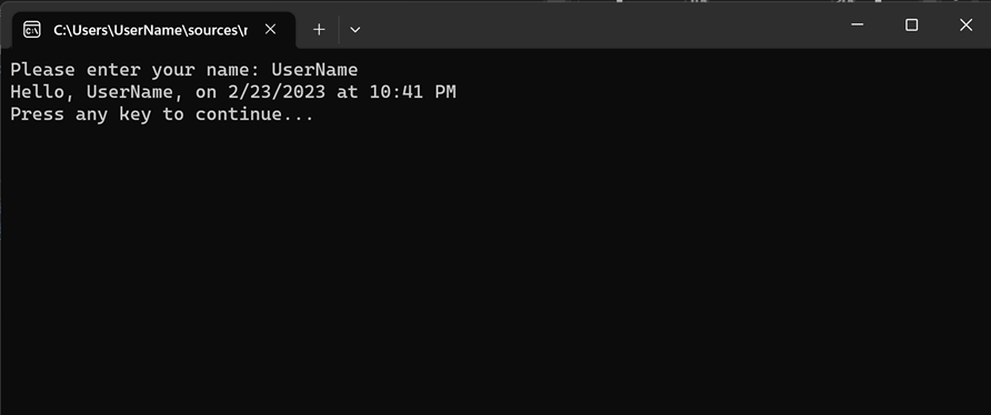 Skärmbild som visar felsökningskonsolfönstret med meddelandena
