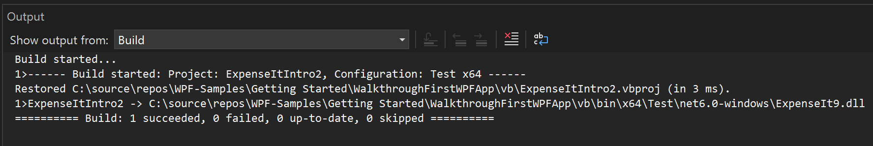 Skärmbild av utdatafönstret för Visual Basic utan byggvarningar.