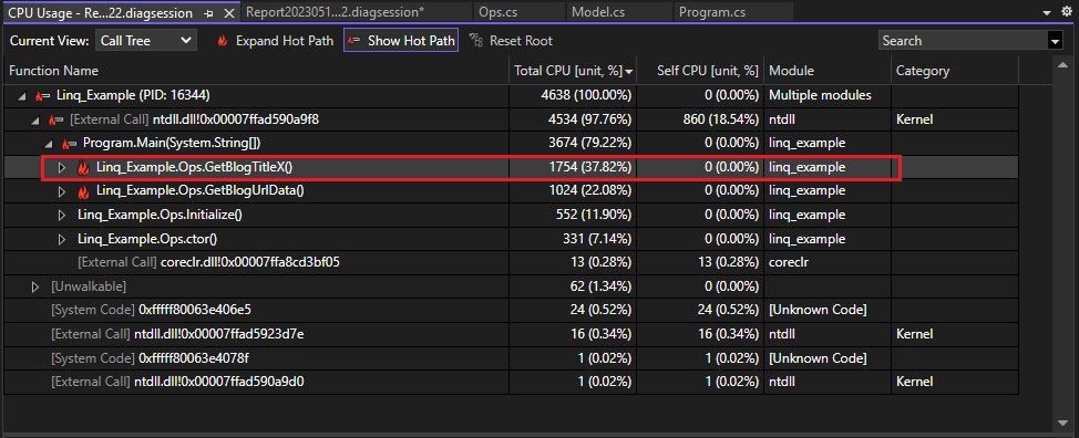 Skärmbild av förbättrad CPU-användning i Anropsträd-vyn i verktyget CPU Usage.