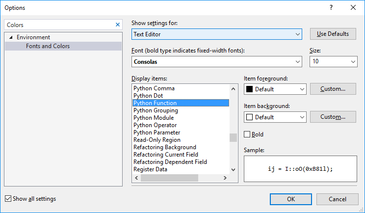Skärmbild som visar alternativen Teckensnitt och färger i Visual Studio.
