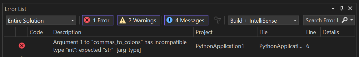 Skärmbild som visar exempel på resultat av Mypy-validering av typhintar.