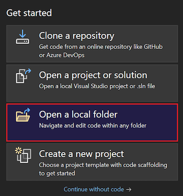 Screenshot that shows how to select the Open a local folder option when Visual Studio 2022 starts.