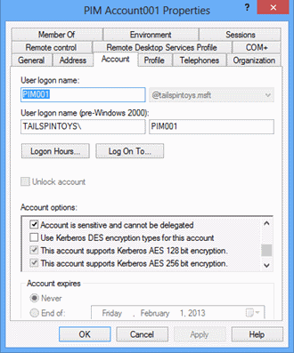 Skärmbild som visar fliken Konto.