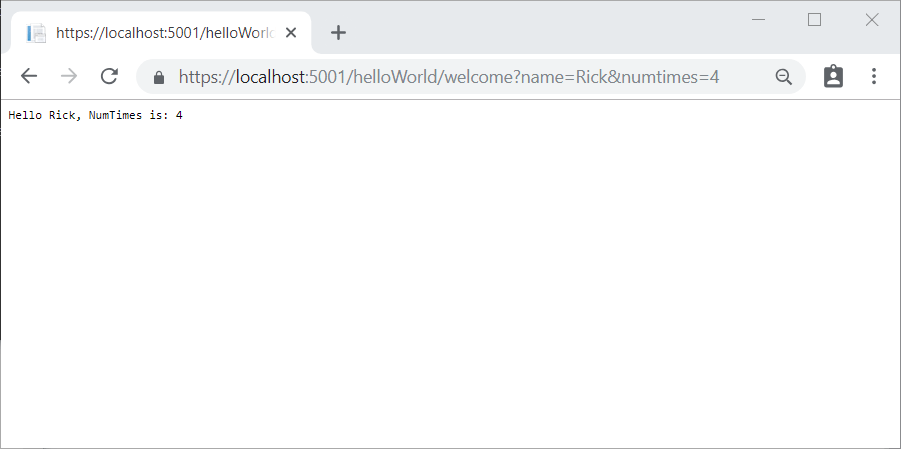 显示 Hello Rick 的应用程序响应的浏览器窗口,NumTimes 为:4