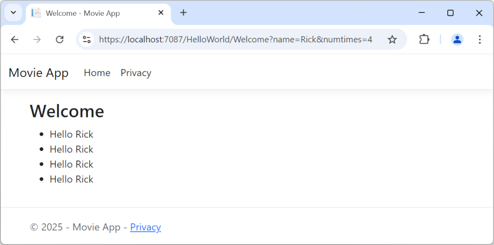 Privacy 视图,显示了 Welcome 标签以及四个“Hello Rick”短语