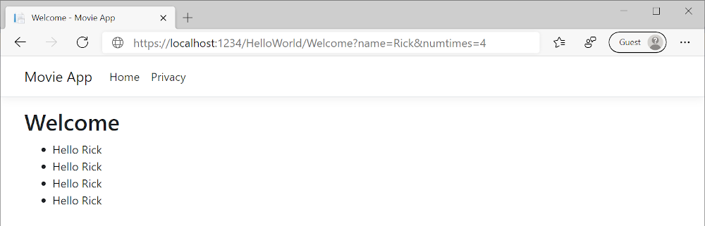 Privacy 视图,显示了 Welcome 标签以及四个“Hello Rick”短语