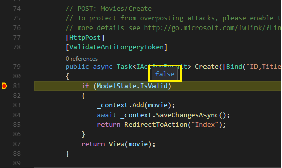 在对无效数据进行调试时,ModelState.IsValid 上的 Intellisense 显示值为 false。