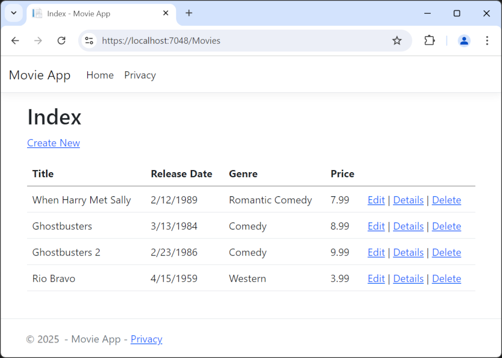 在 Microsoft Edge 中打开的显示电影数据的 MVC 电影应用