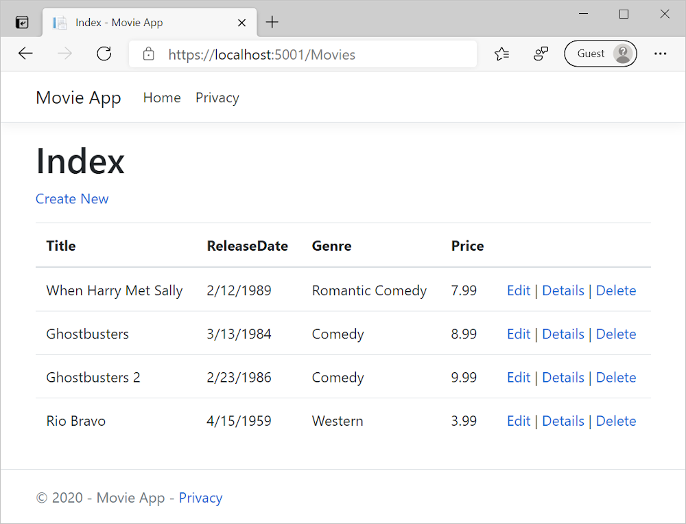 在 Microsoft Edge 中打开的显示电影数据的 MVC 电影应用
