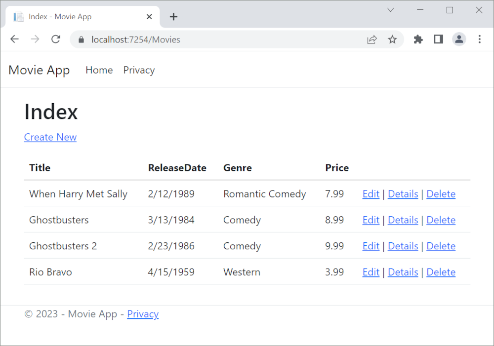 在 Microsoft Edge 中打开的显示电影数据的 MVC 电影应用