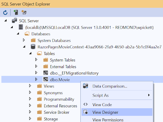 Movie 表上打开的上下文菜单