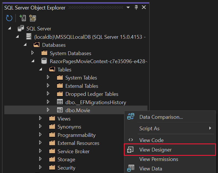 Movie 表上打开的上下文菜单