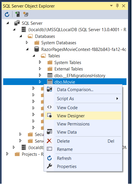 Movie 表上打开的上下文菜单