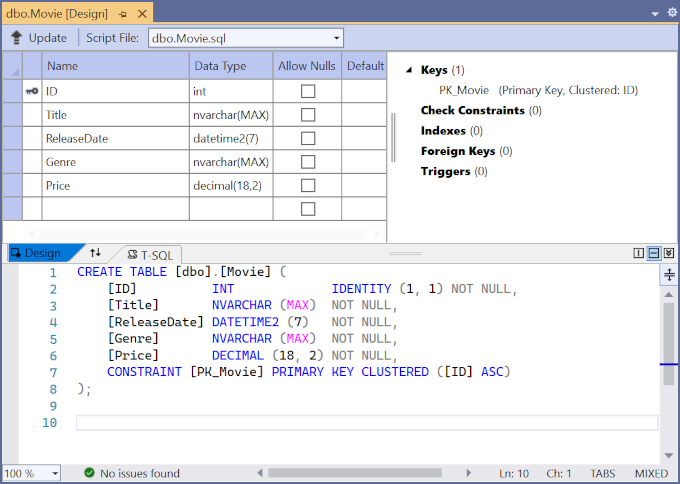 设计器中打开的 Movie 表
