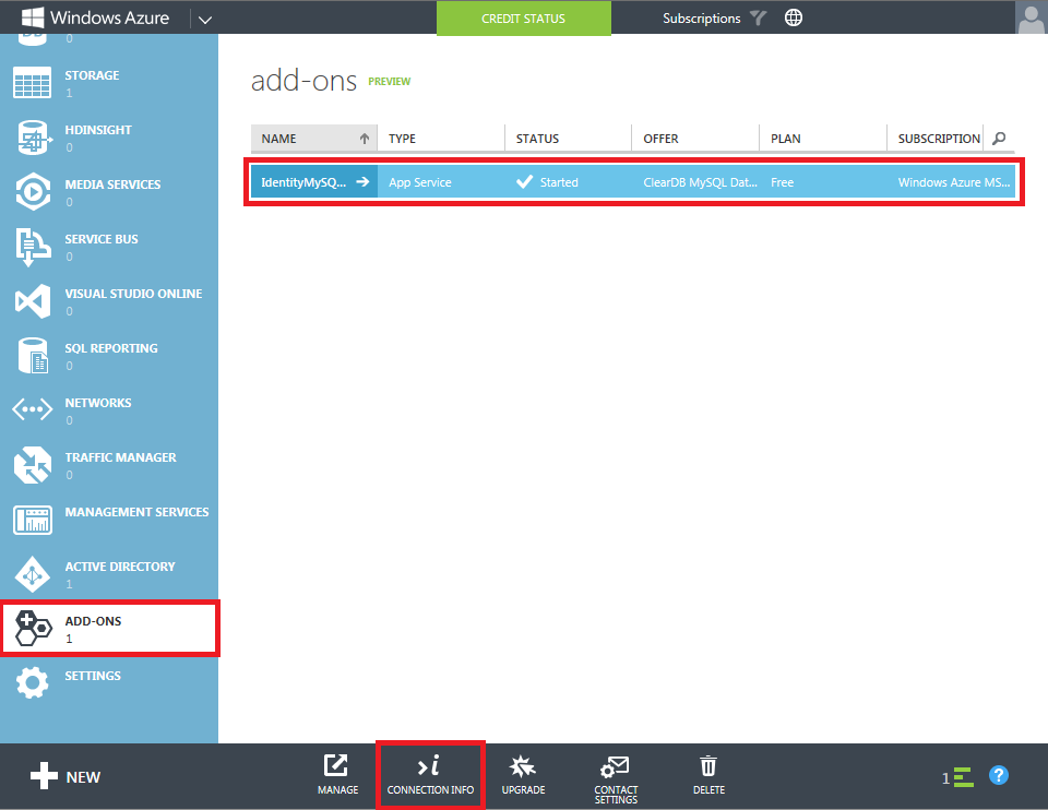 管理门户的屏幕截图,其中突出显示了“添加”选项卡、“标识我的 SQ L 数据库项”和“连接信息”按钮。