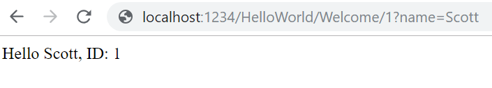 显示浏览器窗口的屏幕截图,其中包含 U R L 本地主机冒号 1 2 3 4 正斜杠Hello World正斜杠欢迎正斜杠 1 问号名称等于 scott。窗口中的文本为 Hello Scott ID 1。