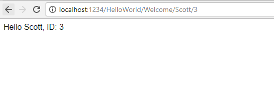 显示浏览器窗口的屏幕截图,其中包含 URL 本地主机冒号 1 2 3 4 正斜杠Hello World正斜杠欢迎正斜杠 Scott 正斜杠 3。窗口中的文本为 Hello Scott ID 3。