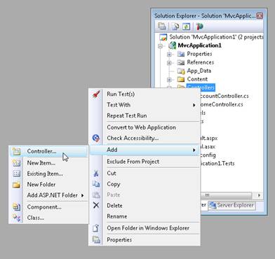 Visual Studio 解决方案资源管理器窗口的屏幕截图,其中显示了右键单击菜单中的“添加”和“控制器”选项。