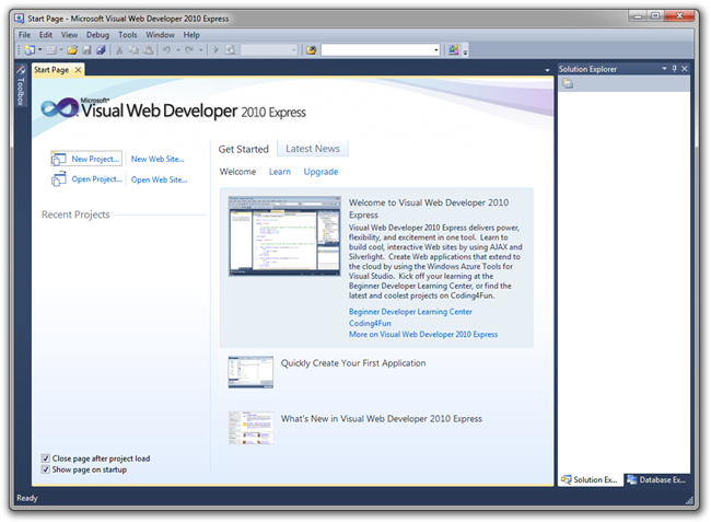 Microsoft Visual Web Developer 2010 Express 窗口的屏幕截图,其中显示了起始页。