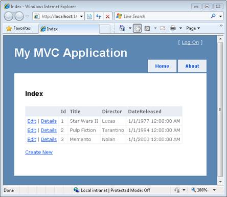 索引视图的屏幕截图,其中显示了电影信息,包括 ID、标题、导演和发布日期。