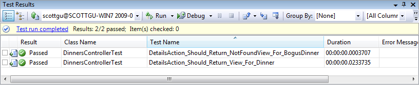 单元测试的屏幕截图,两个测试都已通过。