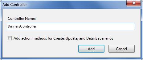 “添加控制器”对话框的屏幕截图,其中显示了用文本 Dinners Controller 填充的“控制器名称”字段。