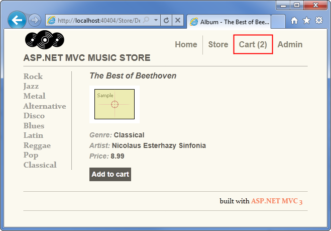 购物车摘要屏幕截图,描述购物车中的商品及其相关信息,如流派、艺术家和价格。