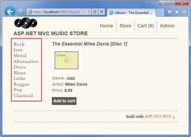 部分视图流派菜单的屏幕截图,显示在购物车窗口左侧。