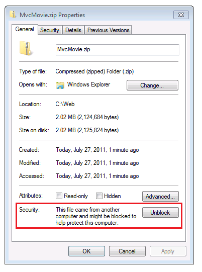 显示 Mvc 电影点 zip 属性框的屏幕截图,其中突出显示了“安全”部分和“取消阻止”按钮,其中突出显示了红色矩形。