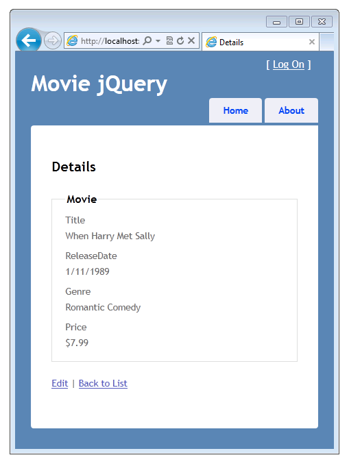 Movie jQuery 窗口的屏幕截图,其中显示了“详细信息”视图,其中列出了所选电影的设置值。
