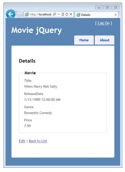 Movie jQuery 窗口的屏幕截图,其中显示了“详细信息”视图,其中影片的设置值显示在对 Movie dot cs 文件的编辑之后显示。