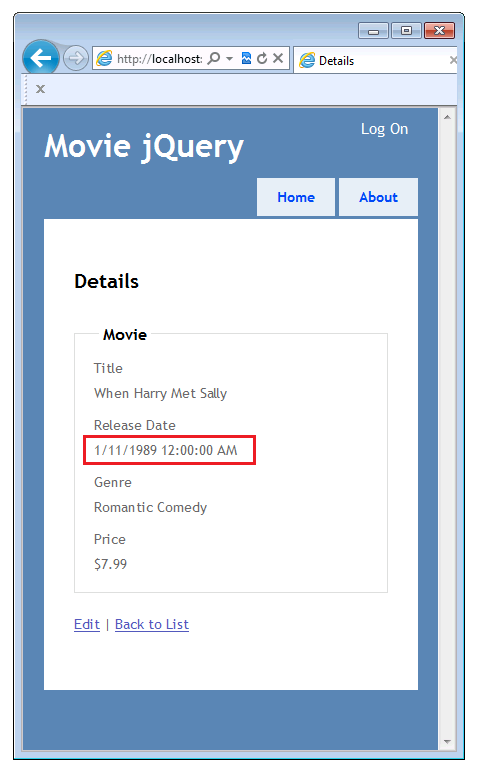 “电影 jQuery”窗口的屏幕截图,其中显示了“详细信息”视图,其中“发布日期”属性突出显示了红色矩形。