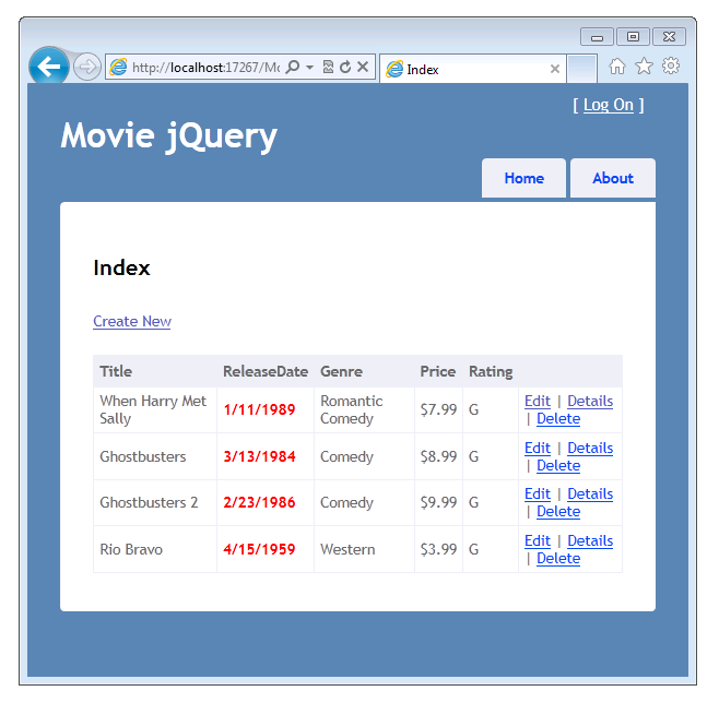 “电影 jQuery”窗口的屏幕截图,其中显示了“索引”视图,其中包含输入到数据库中的电影列表。