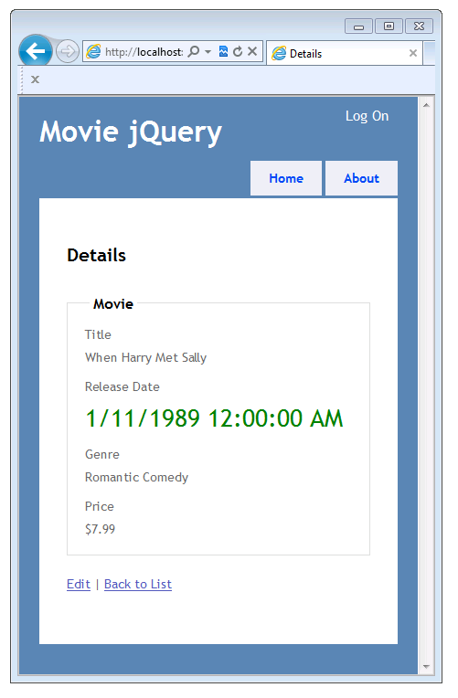 “电影 jQuery”窗口的屏幕截图,其中显示了“详细信息”视图,其中“发布日期”字段的文本已更改为更大的大小和绿色。
