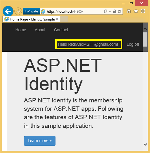 显示 ASP.NET 应用主页的屏幕截图。示例用户 ID 突出显示。