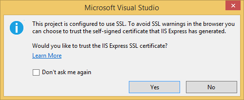 显示 Visual Studio 对话框的屏幕截图,提示用户选择是否信任 I S Express S L 证书。