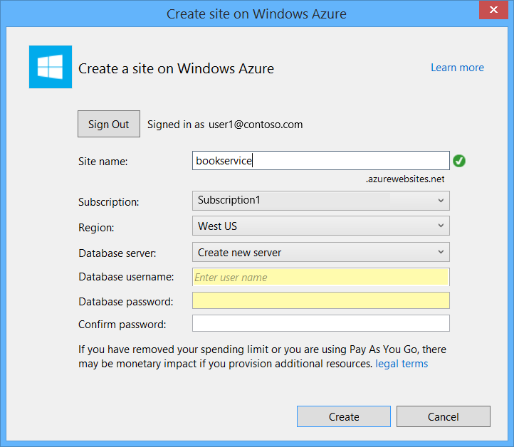 “在 Windows Azure 上创建站点”对话框的屏幕截图,其中以黄色突出显示了“数据库用户名”和“数据库密码”字段。