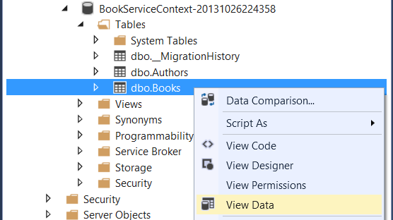 S Q L Server 对象资源管理器的屏幕截图,其中 d b o 点“Books”项以蓝色突出显示,“查看数据”项以黄色突出显示。