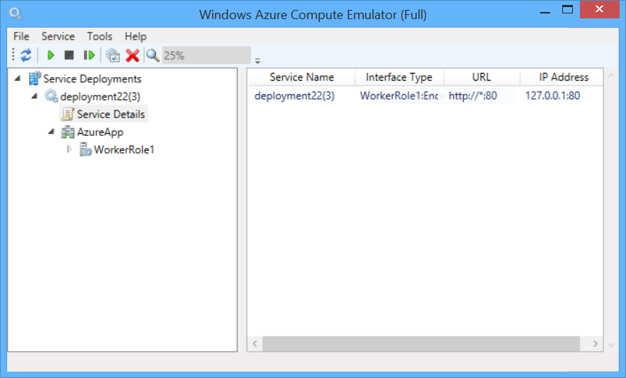 Azure 计算模拟器 UI 的屏幕截图,其中显示了选择“服务详细信息”选项时的菜单和 IP 终结点地址信息。