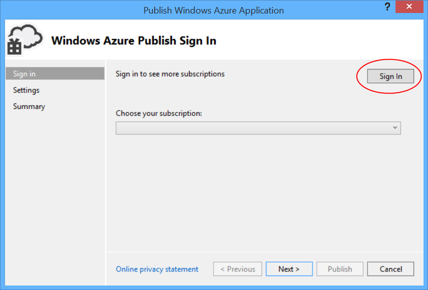 “发布 Azure 应用程序”对话框的屏幕截图,该对话框在其他选项可用之前请求登录选项。