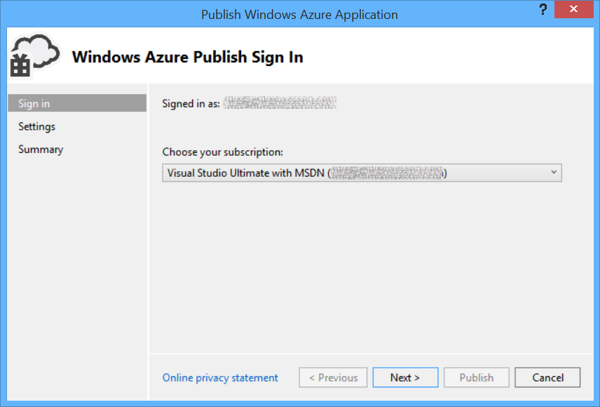 登录后“发布 Azure 应用程序”的屏幕截图,提示用户在继续下一步之前选择订阅类型。