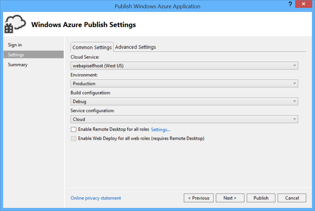 “发布 Azure 应用程序”窗口的屏幕截图,其中确认了所做的所有设置选择,并提供返回或发布的按钮选项。