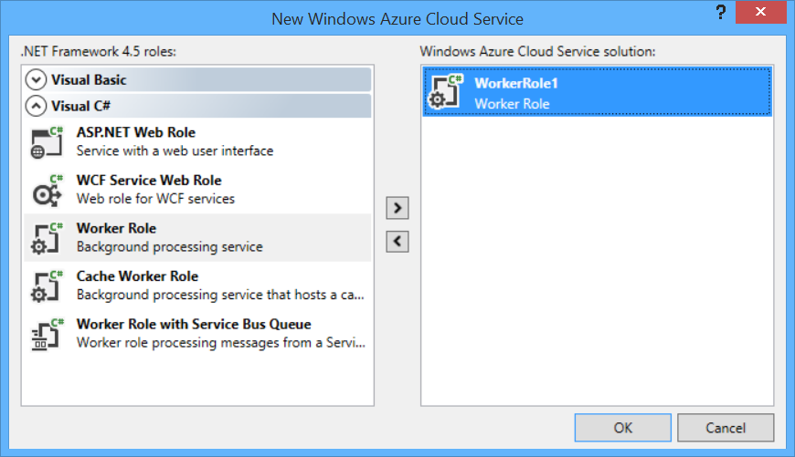 “新建 Windows Azure 云服务”对话框的屏幕截图,其中显示了用于创建辅助角色的菜单选项。