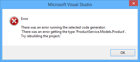 Microsoft Visual Studio 的屏幕截图,其中显示了红色圆圈“X”,后跟“error”一词和错误的详细消息。