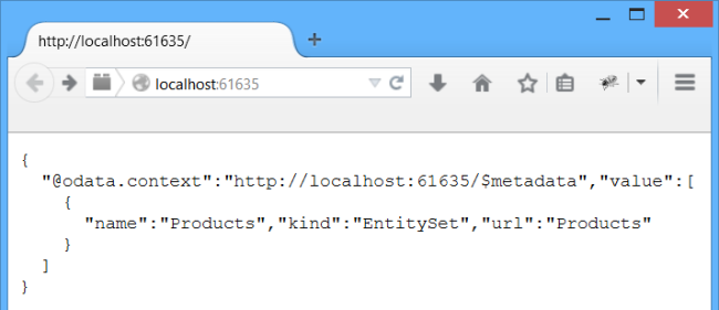 Web 浏览器本地主机的屏幕截图,其中显示了在 Visual Studio 上运行的产品服务项目的代码。