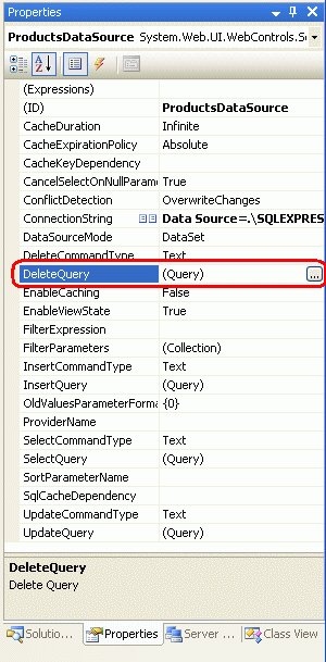 显示“ProductsDataSource 属性”窗口的屏幕截图,其中选择了 DeleteQuery 属性。