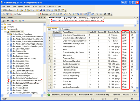 Microsoft SQL Server Management Studio 窗口的屏幕截图,其中显示了执行的 GetProductsWithPriceGreaterThan 存储过程,其中显示 UnitPrice 大于 $24.95 的产品。