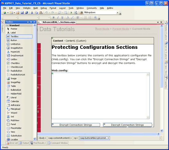 显示 Visual Studio 打开的屏幕截图,其中EncryptingConfigSections.aspx页,其中包含一个新的 TextBox 和两个按钮控件。